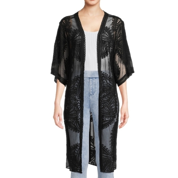NWT Time And Tru Long Sheer Black Kimono Goth Swim Coverup Mesh Sz S-M - Picture 1 of 9